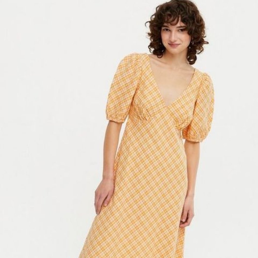 NWT New Look Puff Sleeve Midi Tea Dress In Plaid